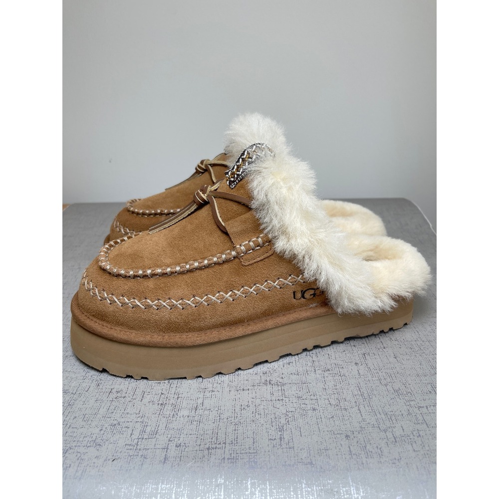 UGG Disquette Alpine Platform Slippers Chestnut Suede Mules 9 Plush Sheepskin